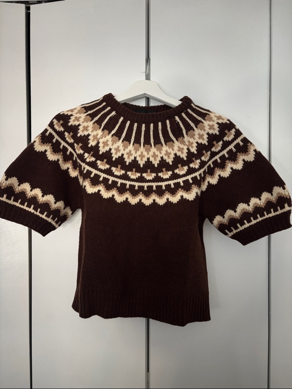 Brown and Cream Fair Isle Short-Sleeve Sweater